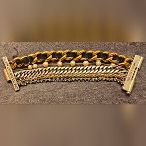 Juicy Couture Gold Multiple Bangle Bracelet Multi Strand Pearl Pave Black Ribbon